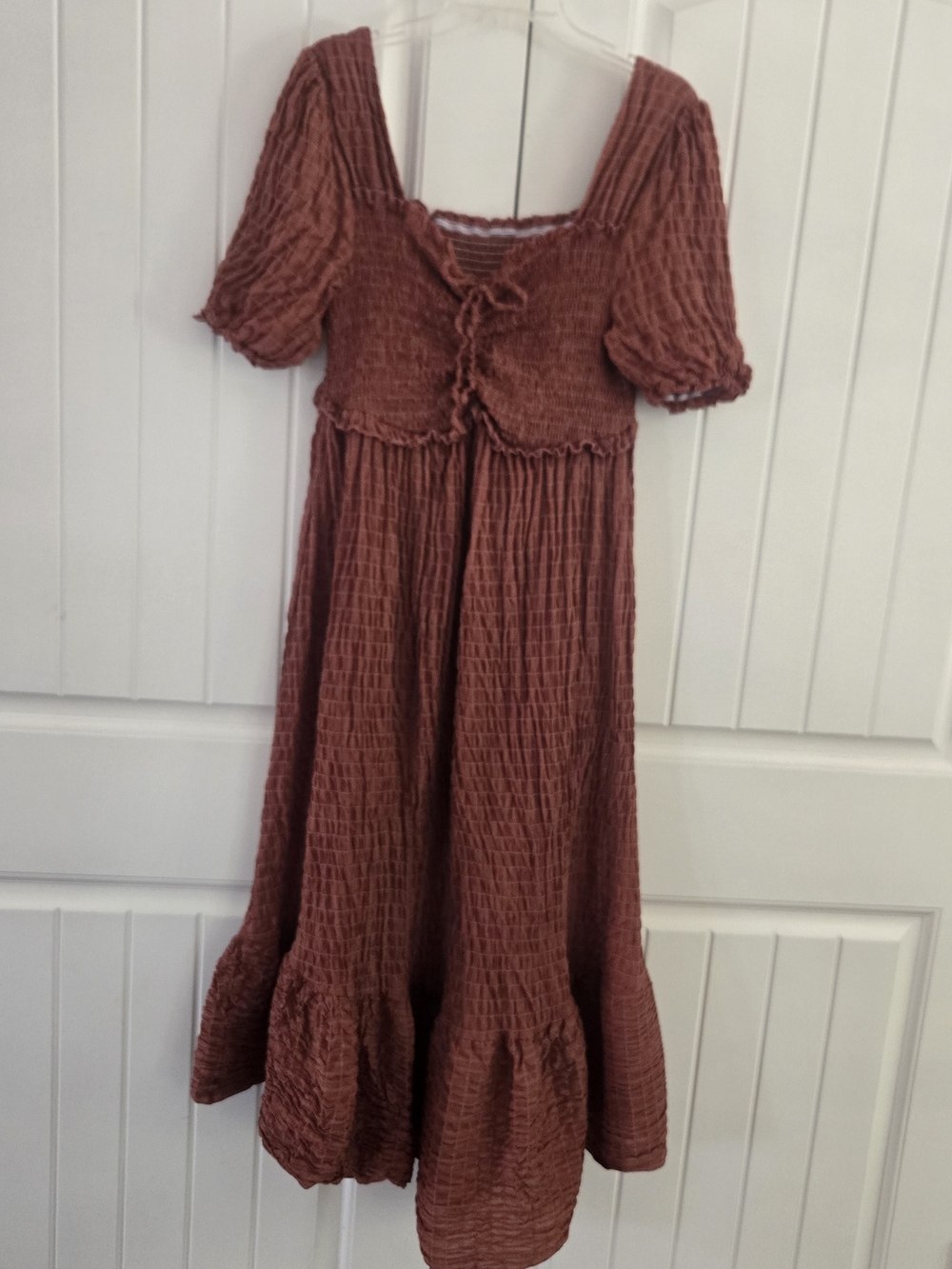 Terracotta Crinkle Gauze Smocked Midi Dress Fall Puff Sleeve 2x
